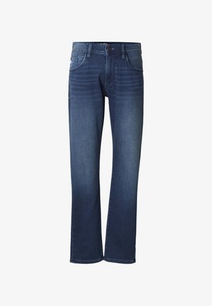 Temno modre kavbojke iz jeansa s pravokotno zasnovo hlačnic, petimi žepi in subtilnim bledenjem ob stegnih. Šivani poudarki na žepih.