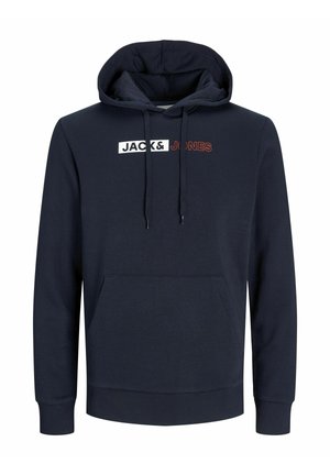 Navy blue hooded sweatshirt made of cotton blend, featuring a front kangaroo pocket and a logo graphic with white and red text.
