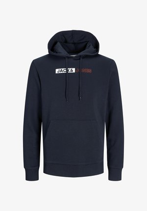 Sweat-shirt à capuche bleu marine en mélange de coton, doté d'une poche kangourou à l'avant et d'un graphique de logo avec du texte blanc et rouge.