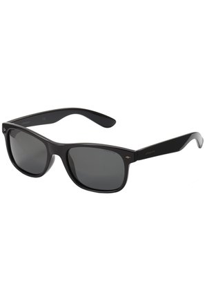Black plastic sunglasses with dark gray lenses, rectangular shape, and straight arms. Features a small brand logo on the side.
