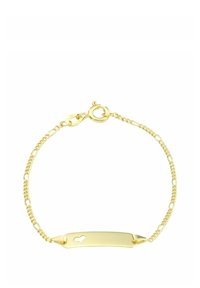 Bracciale d'oro con una catena texturizzata e una piastra rettangolare con un piccolo taglio a forma di cuore. Chiusura a scatto sicura.
