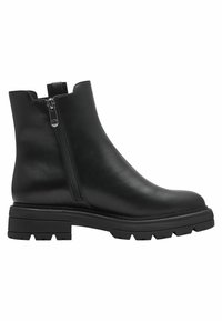 Bottines en cuir noir avec une fermeture éclair sur le côté, semelle en caoutchouc épaisse et texture lisse. Elles disposent d'une languette à l'arrière pour un enfilage facile.