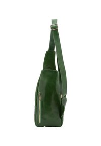 Borsa a tracolla verde in pelle con tracolla regolabile e tasca verticale con zip sul lato, mostrata in vista di profilo.