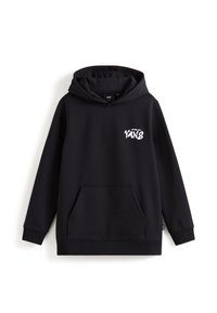 Schwarzer Kapuzenpulli aus weichem Stoff. Verfügt über eine Fronttasche und einen weißen Logotext auf der linken Brustseite. Standardpassform.