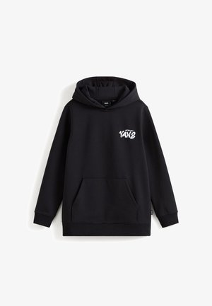 Black hooded sweatshirt made of soft fabric. Features a front pocket and a white logo text on the left chest area. Standard fit.