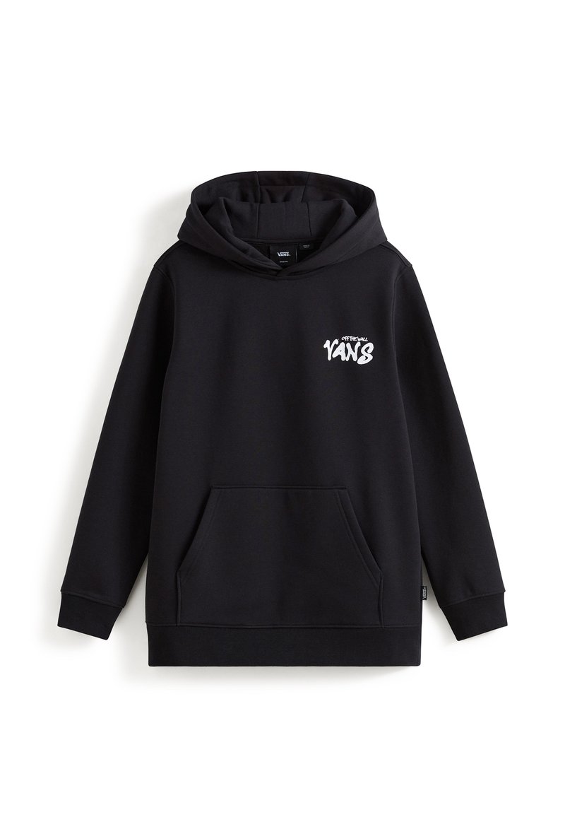 Schwarzer Kapuzenpulli aus weichem Stoff. Verfügt über eine Fronttasche und einen weißen Logotext auf der linken Brustseite. Standardpassform.