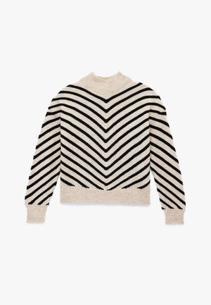 Beige sweater med sorte chevron-striber, der har en høj halsudskæring og lange ærmer. Blød tekstur og design med cropped kant.