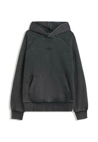 Charcoal gray hooded sweatshirt made of soft fabric, featuring a front kangaroo pocket and ribbed cuffs, with subtle logo embroidery on the chest.