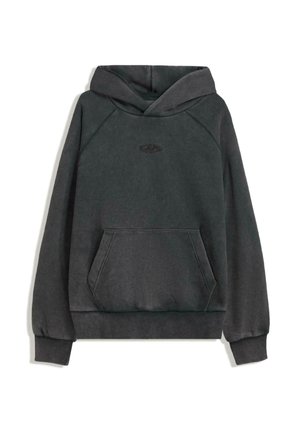 Charcoal grå hættetrøje lavet af blødt stof, med en front kangaroo-lomme og ribbede manchetter, samt diskret logo broderi på brystet.