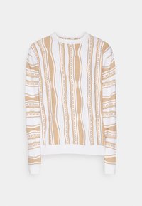 Krämsvits med vertikala beige ränder, med strukturerade mönster och vita detaljer. Ribbad halsringning och ärmslut. Mjukt tyg.