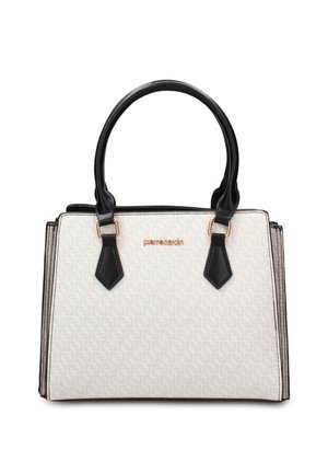 Borsa a mano bianca testurizzata con manici neri e placca logo dorata, forma rettangolare strutturata e motivo sottile sulla superficie.