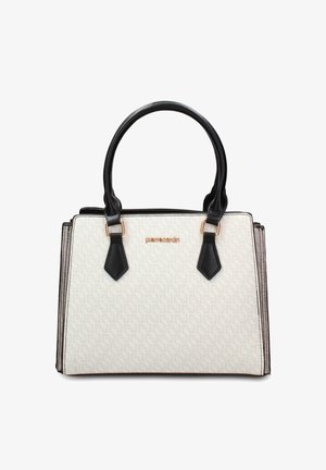 Borsa a mano bianca testurizzata con manici neri e placca logo dorata, forma rettangolare strutturata e motivo sottile sulla superficie.