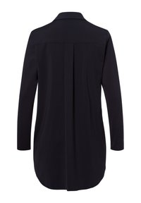 Schwarzes Langarmhemd mit Kragen, ausgestattet mit einer Mittelfalte am Rücken und einem geraden Schnitt, gefertigt aus einem glatten, leichten Stoff.