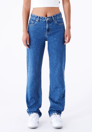 Light blue denim pants with a straight fit, high waist, and five-pocket design. Features a button closure and subtle stitching details.