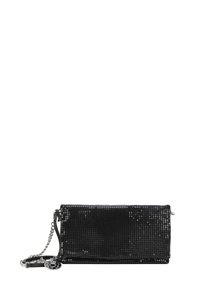 Borsa a tracolla nera con una superficie liscia e texture di paillettes. Presenta una tracolla in catena argentata e un accento metallico con il logo. Chiusura con zip.