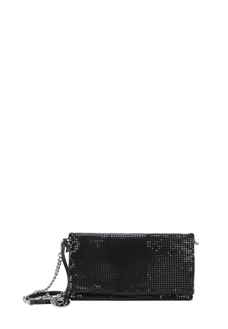 Borsa a tracolla nera con una superficie liscia e texture di paillettes. Presenta una tracolla in catena argentata e un accento metallico con il logo. Chiusura con zip.