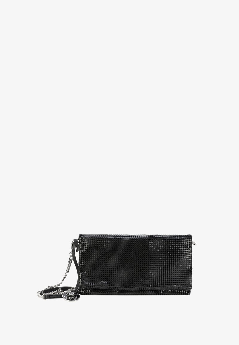 Borsa a tracolla nera con una superficie liscia e texture di paillettes. Presenta una tracolla in catena argentata e un accento metallico con il logo. Chiusura con zip.