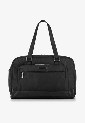 Schwarze Stoff-Reisetasche mit zwei stabilen Griffen, glatter Oberfläche, einem einzigen Reißverschluss-Hauptfach und einer Reißverschluss-Vordertasche.