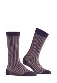 Calze navy con un motivo a trama in rosa chiaro, dotate di polsini a coste e punta in tinta unita. Realizzate in un materiale elasticizzato per il massimo comfort.