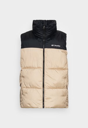 Kamizelka typu puffer z wysokim kołnierzem, czarną górną częścią i beżową dolną częścią. Wyposażona w zamek błyskawiczny oraz boczne kieszenie, wykonana z teksturowanej tkaniny.