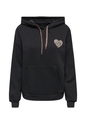 Sweat à capuche noir avec une poche frontale, orné d'un emblème en forme de cœur à motif zèbre et de cordons métalliques. Tissu doux, coupe décontract�ée.