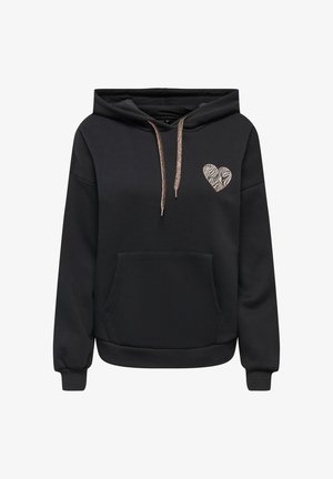 Svart hettegenser med frontlomme, med et zebramønstret hjerteemblem og metalliske snorer. Mykt stoff, avslappet passform.