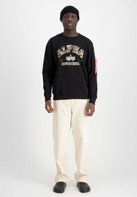 Felpa nera con grafica "ALPHA" multicolore, pantaloni cargo beige e zoccoli neri, modello che indossa un berretto, sfondo neutro.