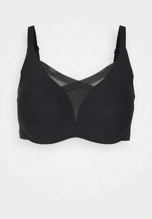 Reggiseno nero con coppe senza cuciture, una sovrapposizione in rete e spalline regolabili. Presenta una texture liscia e una forma classica.