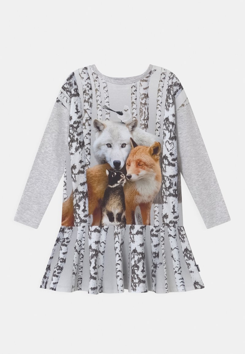 Robe à manches longues en gris clair avec un imprimé photographique représentant un loup, un renard et un petit animal sur un fond de bouleaux, avec une jupe évasée.