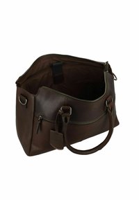 Bolso de mano de cuero marrón con cierre de cremallera, asas dobles y textura suave. El interior es abierto y no tiene compartimentos visibles.