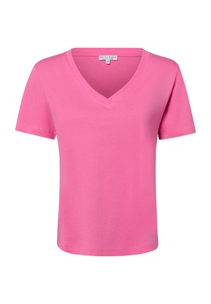 Różowy T-shirt z krótkim rękawem i dekoltem w serek o prostym wzorze, pokazany na białym tle.