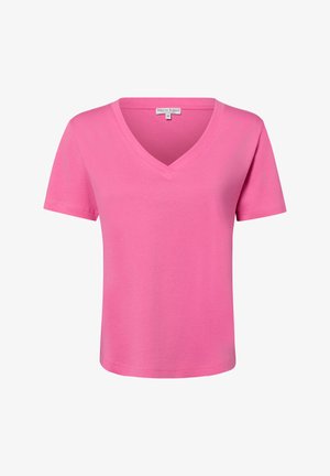 Pinkes T-Shirt mit kurzen Ärmeln und V-Ausschnitt in schlichtem Design, auf weißem Hintergrund dargestellt.