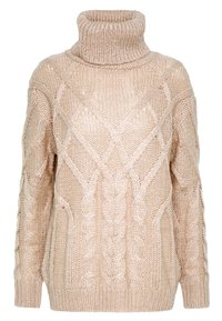 Beige Kabelstrickpullover mit hohem Stehkragen, der ein strukturiertes Muster, weite Ärmel und einen gerippten Saum aufweist. Hergestellt aus weicher, dicker Wolle.