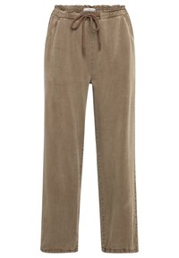 Pantalon beige à jambes larges en tissu doux, avec une taille élastique dotée d'un cordon de serrage. Coupe droite avec poches latérales.