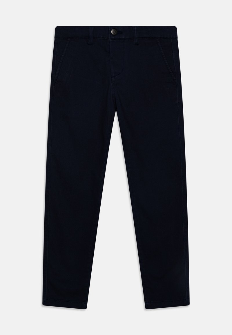 Chino blu navy in cotone con tasche frontali e chiusura a bottone. Design a gamba dritta con una texture liscia e senza motivi visibili.