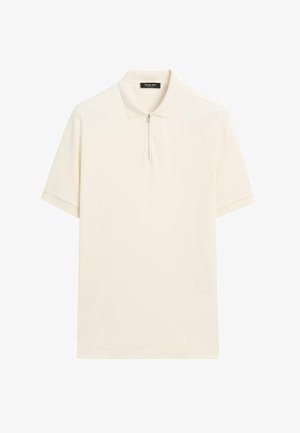 Polo a maniche corte in tessuto color crema, con colletto con zip, vestibilità comoda e dettagli di cuciture minimali. Texture liscia.