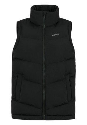 Schwarze Steppweste mit hohem Kragen, durchgehendem Reißverschluss und zwei seitlichen Taschen. Verfügt über ein gesteppte Design und ein kleines Logo auf der Brust.