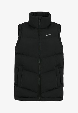 Zwarte gewatteerde vest met een hoge kraag, rits over de volle lengte en twee zijzakken. Heeft een quilted design en een klein logo op de borst.