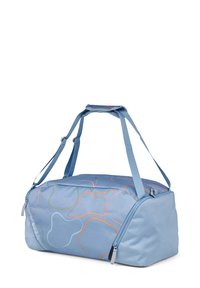 Borsa duffel azzurro chiaro con motivi a righe audaci e colorati. Realizzata in tessuto resistente, presenta doppi manici e un compartimento principale con zip.
