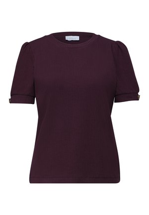 Mørkelilla ribbet kortærmet top med pufærmer og knapmanchetter, rund halsudskæring og tætsiddende pasform.
