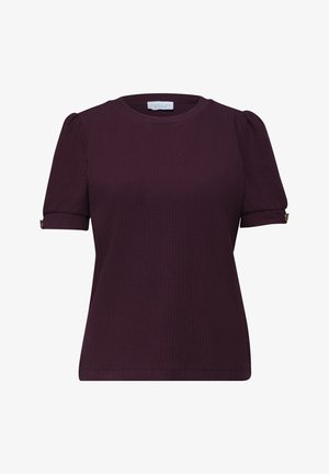 Ciemnofioletowy prążkowany top z krótkim rękawem, bufkowatymi rękawami i mankietami na guziki, okrągły dekolt i dopasowany krój.