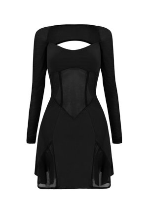 Svart klänning med långa ärmar, figursydd bodice och urklippt halsringning. Har genomskinliga paneler, strukturerad form och sidoklipp.