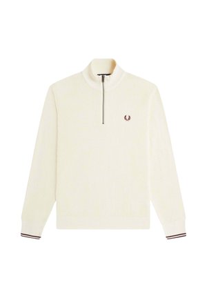 Maglione crema lavorato a maglia con colletto alto, chiusura a mezza zip, polsini a coste e logo bordeaux sul petto. Tessuto strutturato con lavorazione a motivo.