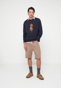 Moški nosi mornarsko modro sweatshirt s grafiko psa, roza majico, bež kratke hlače, sive nogavice in rjave čevlje ter stoji ob enotni beli ozadju.