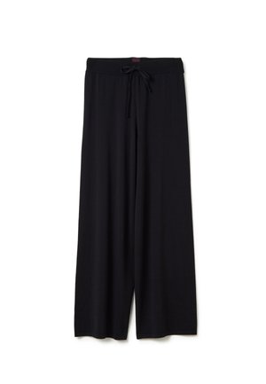 Pantaloni neri a gamba larga con cintura elastica e lacci regolabili, esposti su uno sfondo bianco.