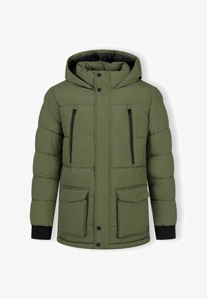 Oliveroheline puffer-jakk kapuutsiga, millel on kaks lukuga rinnanukki, esine nööbiga sulgemine ja ribakudumisest randmed.