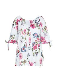 Blouse blanche à fleurs avec manches bouffantes, ornée d'imprimés floraux roses et bleus, encolure élastique et liens aux extrémités des manches. Tissu léger.