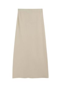 Falda beige de punto hasta la rodilla con una cinturilla elástica ajustada y un acabado liso y texturizado. Diseño sencillo sin patrones ni adornos.