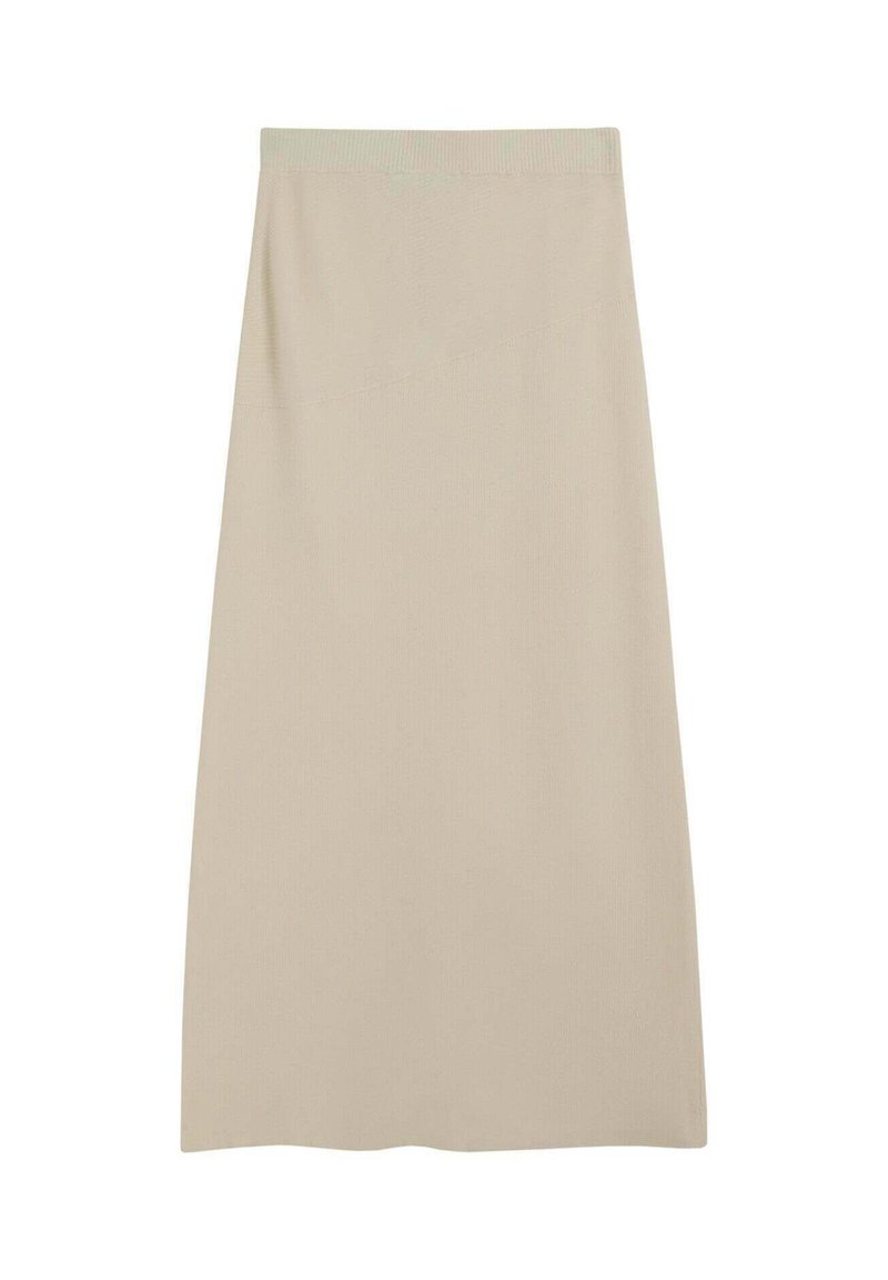 Falda beige de punto hasta la rodilla con una cinturilla elástica ajustada y un acabado liso y texturizado. Diseño sencillo sin patrones ni adornos.