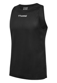 Schwarzes ärmelloses Sport-Tanktop aus leichtem, strukturiertem Stoff, mit einem kleinen weißen Logo auf der Vorderseite.